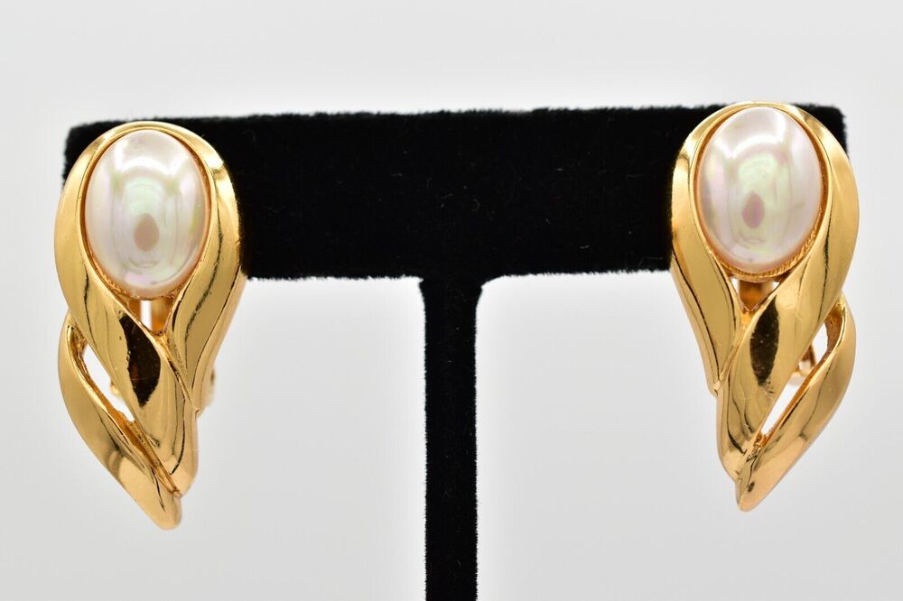 Christian Dior Vintage Pearl Clip On Earrings Gold Drop Iridescent Signed BinBB